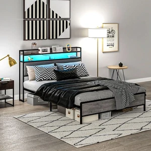 LED Queen Bed Frame with Headboard Charging Station, Cement Gray - Picture 1 of 11