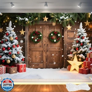 7x5FT Weihnachtshintergrund für Fotografie - rustikale Scheune Holztür mit Weihnachtstr - Bild 1 von 5