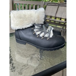 ComfortView Arctic Black Faux Leather Lace Ankle Boots Faux Fur Trim Women 11WW - Picture 1 of 10