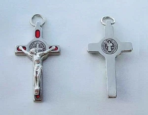 St Benedict Crucifix Pendant Nickel Plate Enamel - Red - Picture 1 of 2