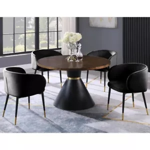 Luxurious 5PC Round Dining Set, Velvet Upholstered Chairs, Gold Accent, Black - Picture 1 of 6