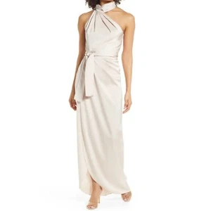 NWT Elle Zeitoune Grace Halter Neck Satin Wrap Dress Pearl Medium Missing Belt - Picture 1 of 12