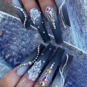 Long Ballerina Press On Nails,Gradient Coffin Fake Nails With Flower Design - Picture 1 of 3