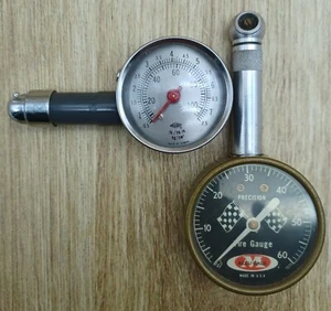 Vintage Tire Pressure Gauges 2pc Meiser Accu-Gage Brass Checkered Flag and other - Picture 1 of 4