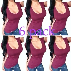 6 PACK bulk Womens burgundy V-Neck Cotton Short Sleeve Basic Tee Shirt Top SMALL - Picture 1 of 2