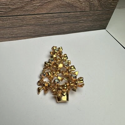 雅芳圣诞树水钻蓝色 AB 极光北极胸针金色全新无标签 — 第 1/4 张图片