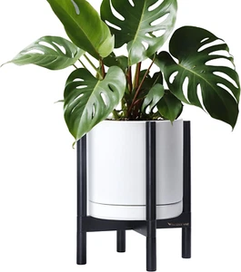 Ceramic Planter with Ebony Stand - 12 Inch Modern round Flower Pot with Wood Pla - Picture 1 of 6