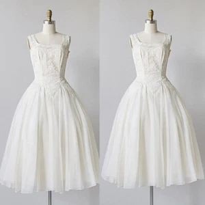 Short Wedding Dress Tea Length Vintage Sleeveless Ivory Chiffon Bridal Gowns - Picture 1 of 10