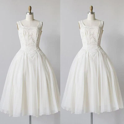 Short Wedding Dress Tea Length Vintage Sleeveless Ivory Chiffon Bridal Gowns - Image 1 of 4