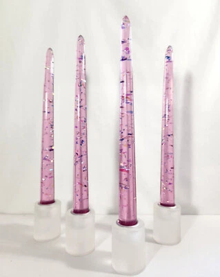 Sheer  "Lucite" Candlesticks Flakes 10 inch 6 inch Pair Handmade ASSORTED COLORS - Image 1 of 4