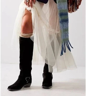 Free People Lockhart Black Suede Cushion Leather Square Toe Harness Boot NEW 7.5 - Image 1 of 4