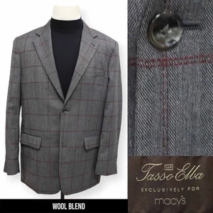 TASSO ELBA mens gray red WINDOWPANE wool blend sport coat jacket blazer 44 R - Picture 1 of 13