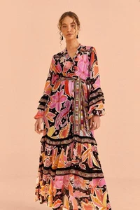 Farm Rio Tiered Black Enchanted Nature Maxi Dress Anthropologie Birds Size Small - Picture 1 of 16