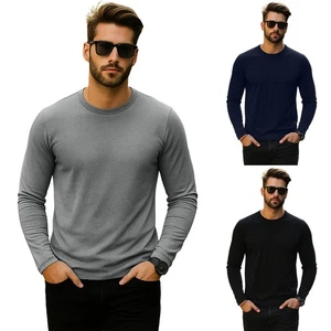 Mens 3 Pack Long Sleeve T-Shirts Cotton Blend Crew Neck Black Navy Grey S–XL Tee - Picture 1 of 15