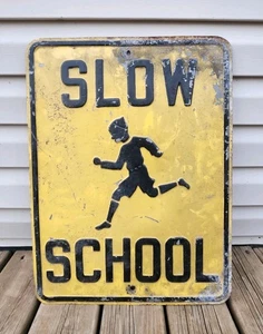 Vintage 1940's Slow School Zone Embossed Heavy Metal Sign Traffic Safety Antique - Picture 1 of 6
