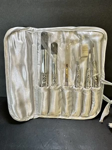Makeup Brushes Vtg Godinger Silver Plated Embossed Set Of 6 Velvet Roll-Up Case - Picture 1 of 7