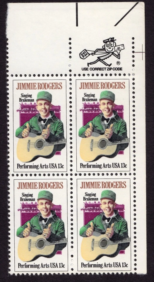 Scott #1755 Jimmie Rodgers Zip Block of 4 Stamps - MNH - Image 1 of 1