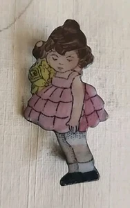 Vintage Czech Art Deco Enamel Pin EACO C Clasp HTF LITTLE GIRL HOLDING FLOWERS - Picture 1 of 7
