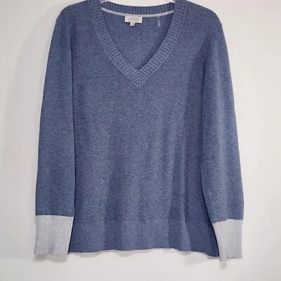 Suéter Kinross Mezcla Algodón Cachemir Talla XL Azul Cuello en V Bloque de Color Foto 1 de 4