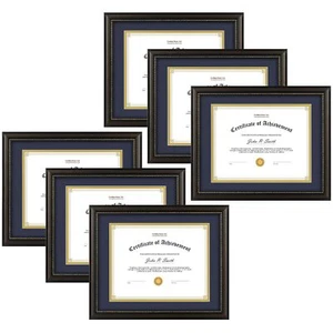 8.5x11 Diploma Frame Solid Wood Brown Gold Trim Navy Gold Double Mat 6 Pack - Picture 1 of 9