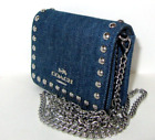 Coach Brand New Cn356 Denim Mini Wallet On Chain With Silver Rivets Nwt $225