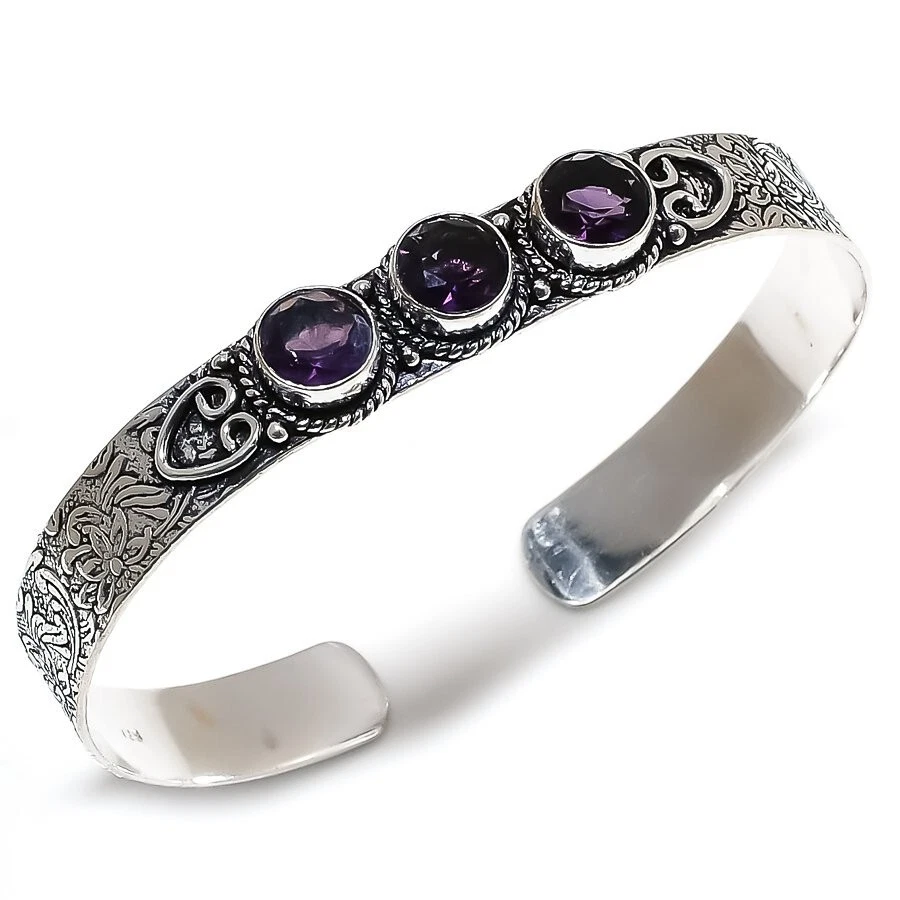Purple Amethyst Gemstone Handmade 925 Sterling silver Cuff Bracelet Adjustable - Image 1 of 1