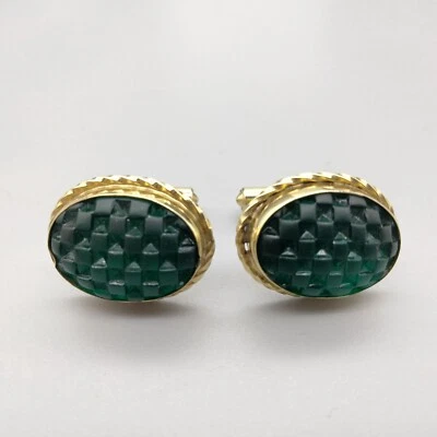 Christian Dior Cuff Links Bullet Style Green Checkered Acrylic Gold Tone VTG 80s - Image 1 of 4