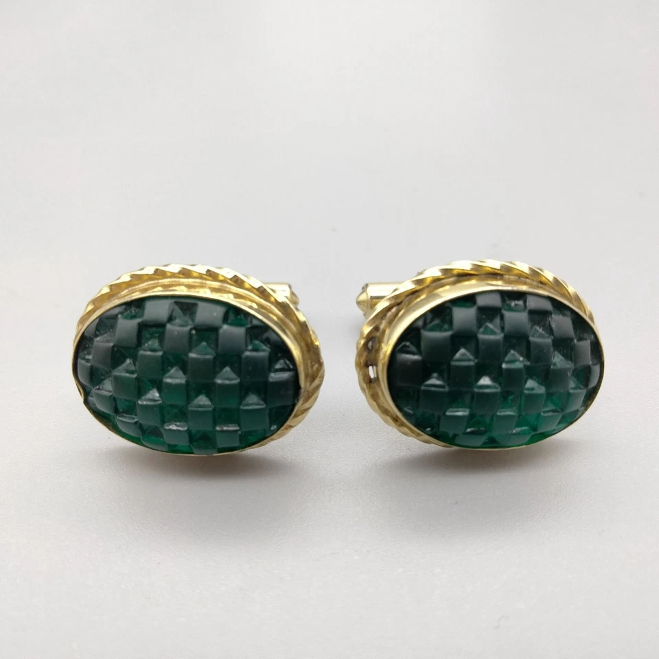 Christian Dior Cuff Links Bullet Style Green Checkered Acrylic Gold Tone VTG 80s - Image 1 of 4