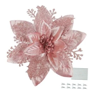 10 Pcs Christmas Glitter Artificial Poinsettia Flowers 6inch Rose Gold - Picture 1 of 7