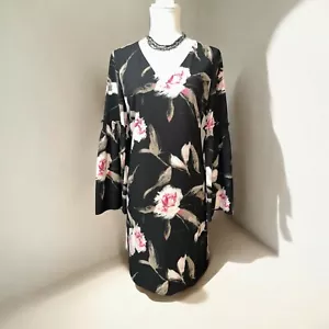 White House Black Market Dress Womens 10 Black Chiffon Floral Shift Bell Sleeve - Picture 1 of 12