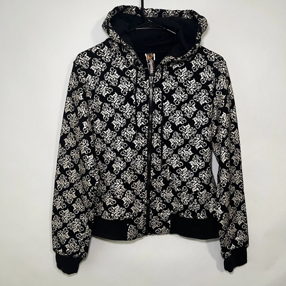Chaqueta con Capucha Y2K De Colección Akademiks Cremallera Completa Para Mujer Talla Grande Negra Dorada AOP USADA EN EXCELENTE ESTADO Foto 1 de 4