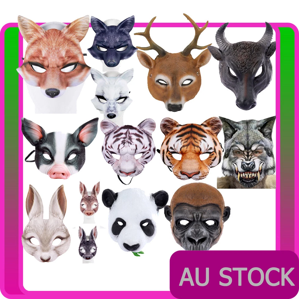 Face Mask Fox Pig Rabbit Tiger Wolf Panda Buffalo Deer Gorilla Animal Zoo Party - Bild 1 von 1