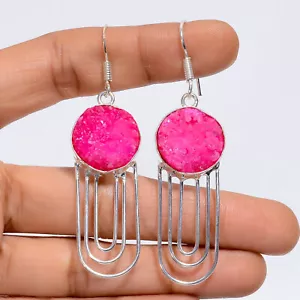 Pink Druzy Gemstone Fashion Jewelry 925 Silver Dangle Earrings 2.7" ARE-5343 - Picture 1 of 3