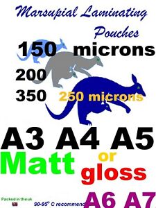Laminating pouches MATT or GLOSS A3 A4 A5 A6 A7 ID CC 80 to 500 micron thickness