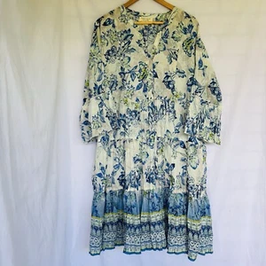 Orientique Dress Size 18 XL Organic Cotton Rhodes Midi Blue Floral BNWT - Picture 1 of 13