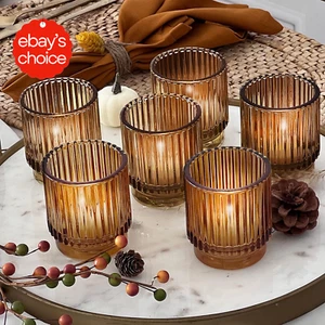 Set 6 Amber Ribbed Glass Tealight Candle Holders Vintage Fall Home Decor - Picture 1 of 12