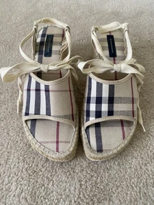 Burberry Beige Nova Check Canvas Strappy Espadrille Wedge Sandals Size 37 - Picture 1 of 7