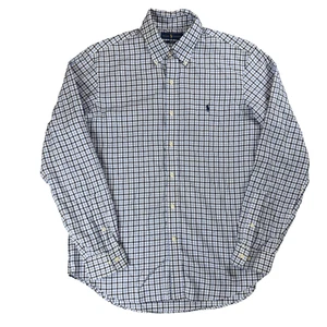Ralph Lauren Men’s L Blue White Plaid Shirt Non-Iron Cotton Long Sleeve Pony - Picture 1 of 7