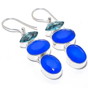 Ónix azul, topacio azul piedra preciosa hecho a mano 925 pendiente de joyería... - Imagen 1 de 5