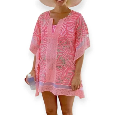 Lilly Pulitzer Lindamarie Coverup Coral Reef Burnout Lace Sheer Swim Caftan - Image 1 of 4
