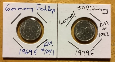 1969-F & 1979-F Germany 50 Pfennig Coins Lot – Federal Republic KM#109.1 & 109.2 - Image 1 of 2