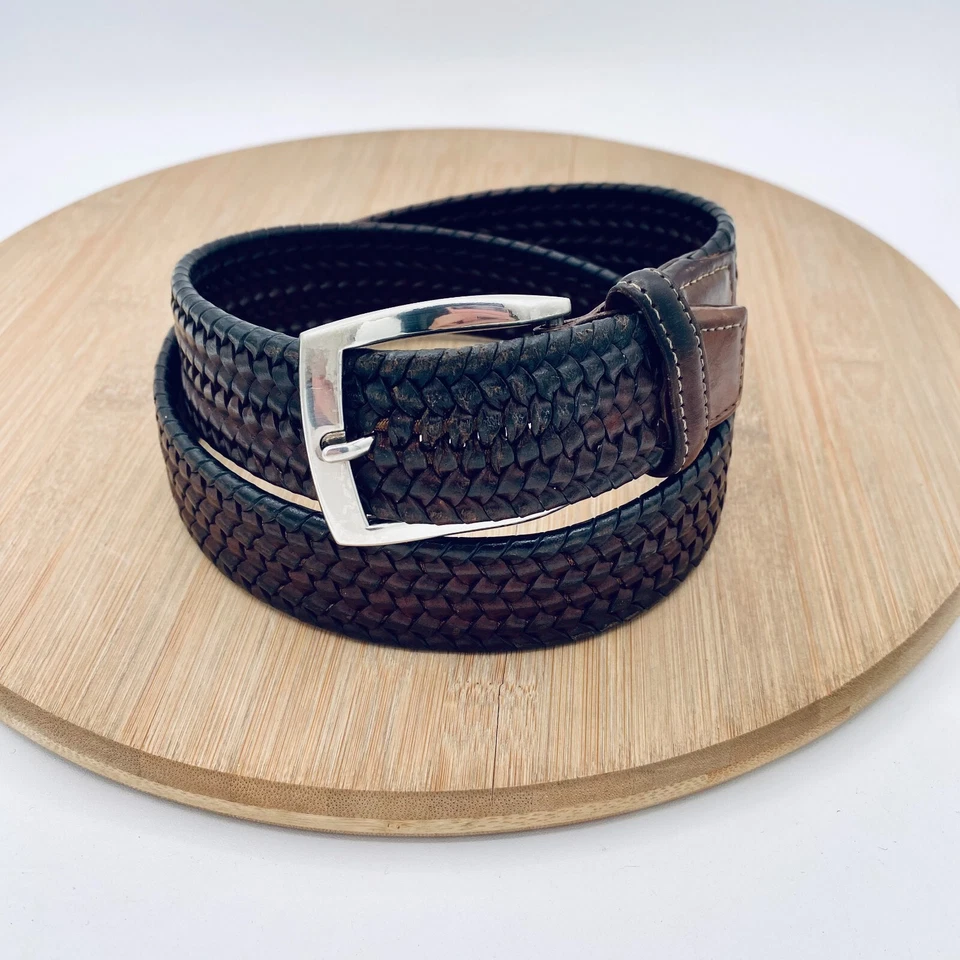 Cinturón Torino Para Hombre 32 Pequeño Marrón Cuero Trenzado Hebilla Plateada EE. UU. Foto 1 de 4