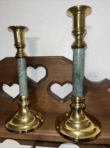 Set of 2 Vintag Beautiful Brass W/ Green Marble Candlestick Holders MCM 9” & 10” - Picture 1 of 12