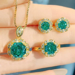 3pc Set Shiny Rose Cut Paraiba green Citrine Gems Gold Women Earring Necklaces - Picture 1 of 7