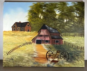 Vintage Original Painting Unknown Artist Acrylic Canvas Autumn Fall Red Barn GUC - Picture 1 of 10