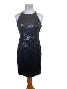 💋 CALVIN KLEIN - BLACK SEQUIN ALL OVER BODY CON HALTER COCKTAIL DRESS - SZ 4 - Picture 1 of 9