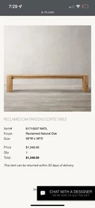RH RECLAIMED OAK PARSONS COFFEE TABLE - Picture 1 of 4