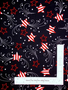 Patriotic Fabric Striped Shooting Stars Swirls on Navy Cotton Santee By The Yard - Picture 1 of 1