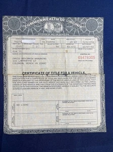 1974 Toyota 2 Door HT Certificate Historical Document Virginia - Picture 1 of 3
