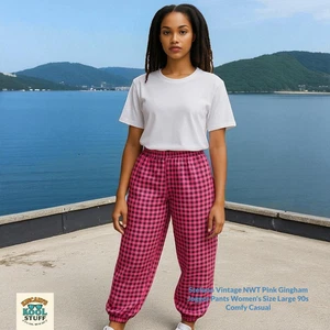 Stefano Vintage NWT Pink Gingham Jogger Pants Women's Size Large 90s Comfy Casua - Picture 1 of 12